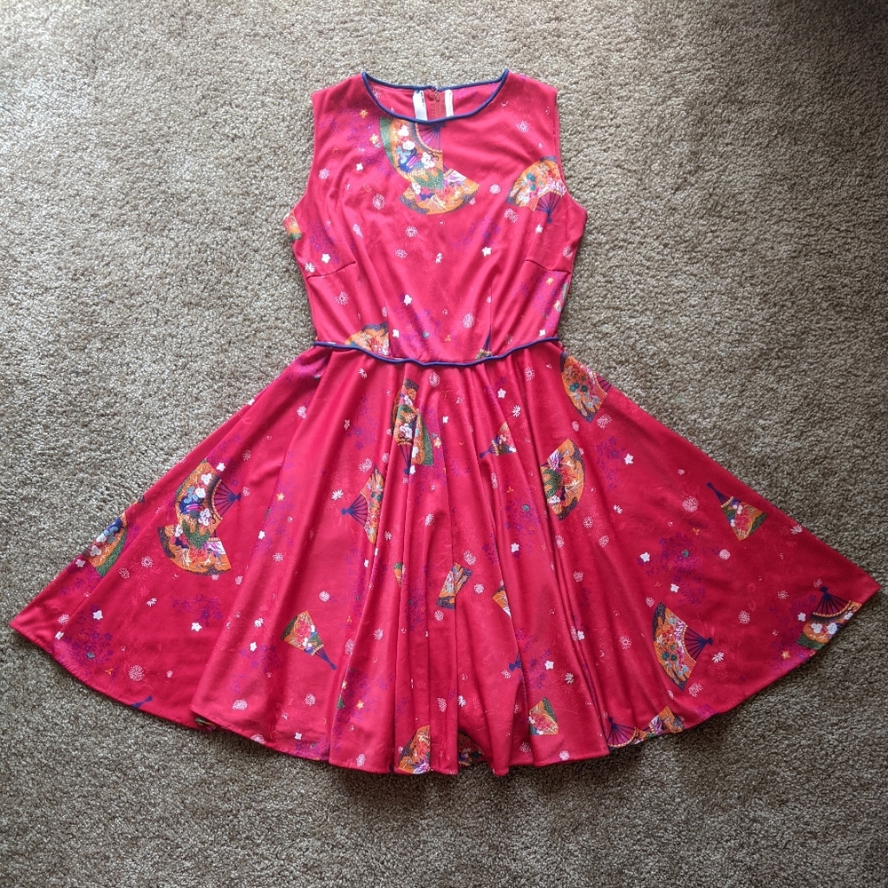 Vintage handmade dress red Japanese fan print